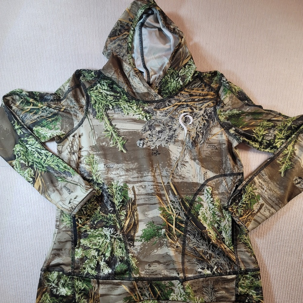 Prois Womens Hunting long Sleeve hood Undershirt Large Camo Made USA thumb holes